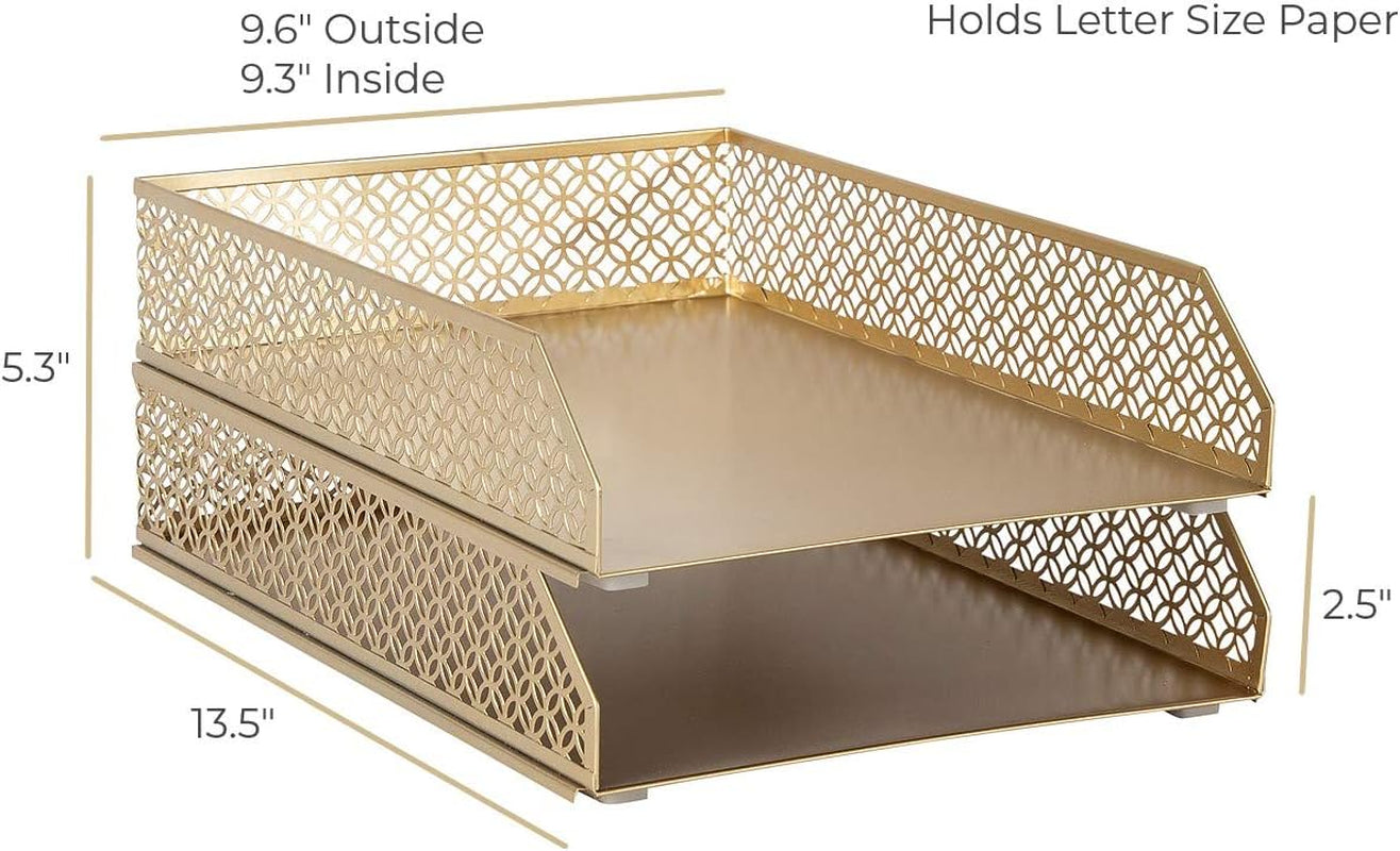 | Paper Tray Stackable Gold Set of 2 | Stackable File Trays for Desk Organization | Tiered Desk Organizer with Metal Letter Trays