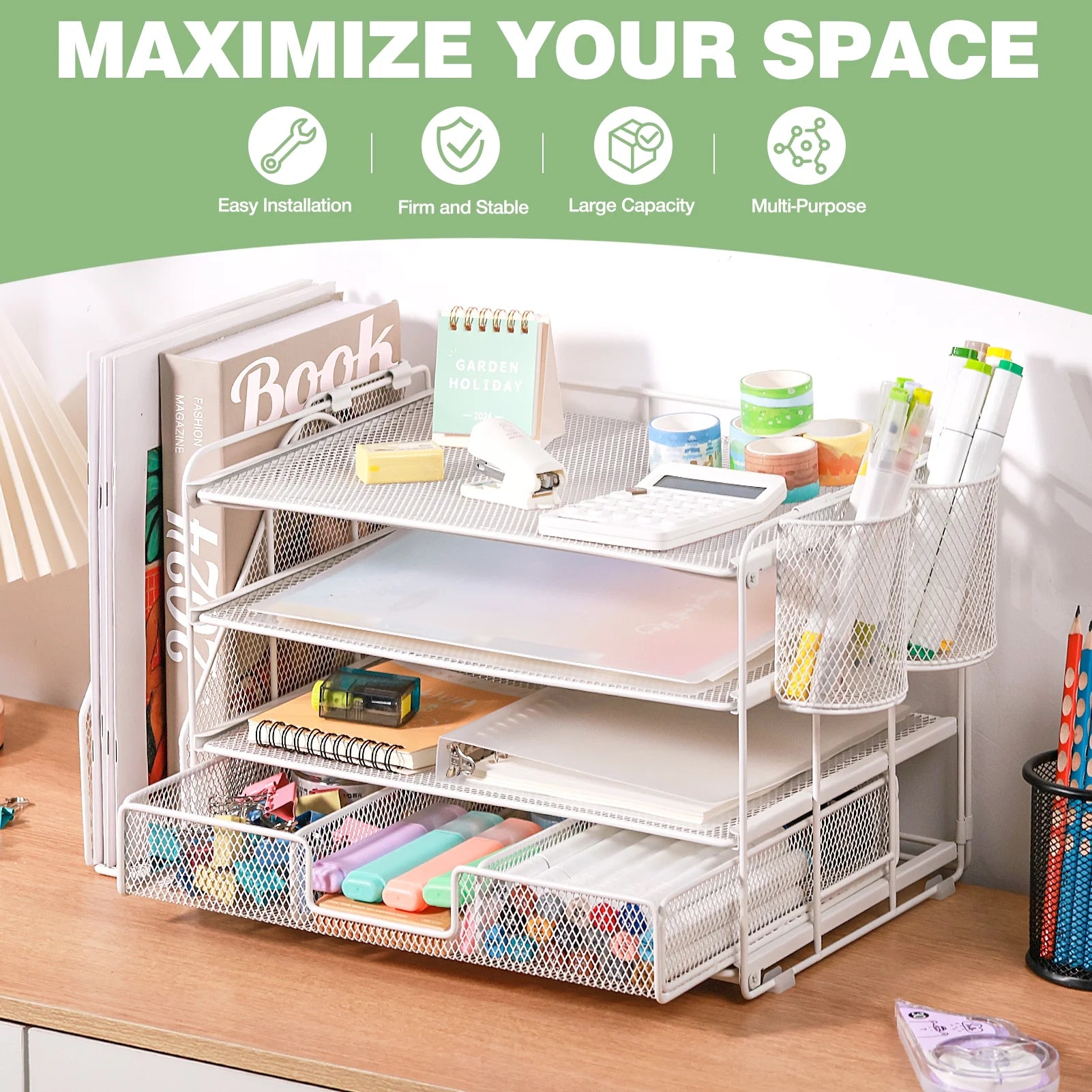 Desktop Organizer 4-Tier Desk Organizers Sets and Storage, File Organizers for Desk Drawer Organizer, Paper Organizer for Desk (White)