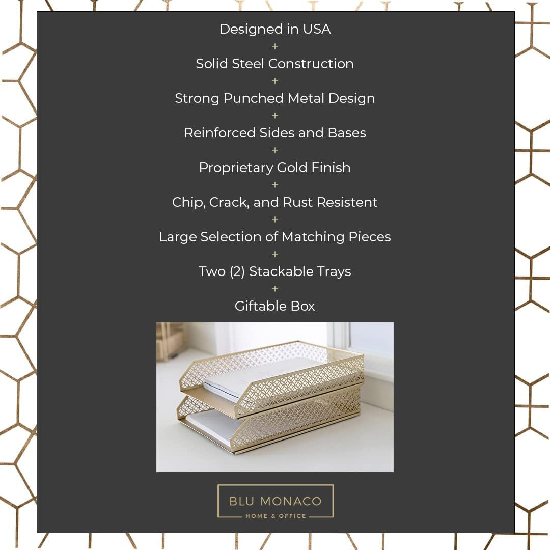 | Paper Tray Stackable Gold Set of 2 | Stackable File Trays for Desk Organization | Tiered Desk Organizer with Metal Letter Trays
