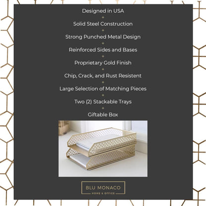 | Paper Tray Stackable Gold Set of 2 | Stackable File Trays for Desk Organization | Tiered Desk Organizer with Metal Letter Trays