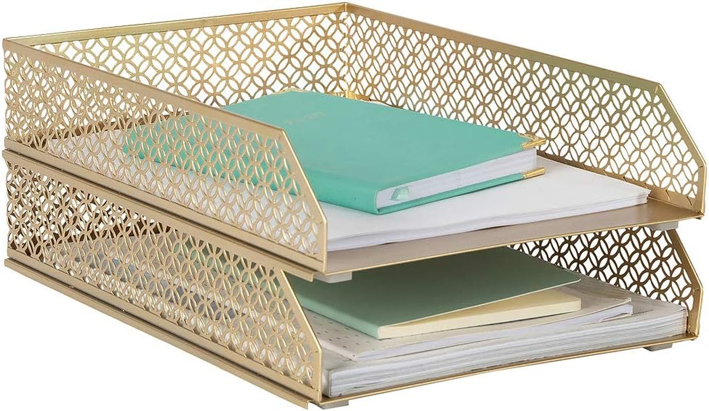 | Paper Tray Stackable Gold Set of 2 | Stackable File Trays for Desk Organization | Tiered Desk Organizer with Metal Letter Trays
