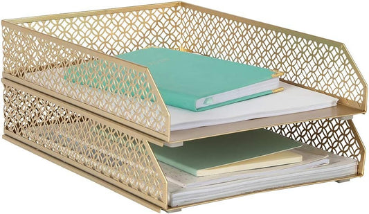 | Paper Tray Stackable Gold Set of 2 | Stackable File Trays for Desk Organization | Tiered Desk Organizer with Metal Letter Trays