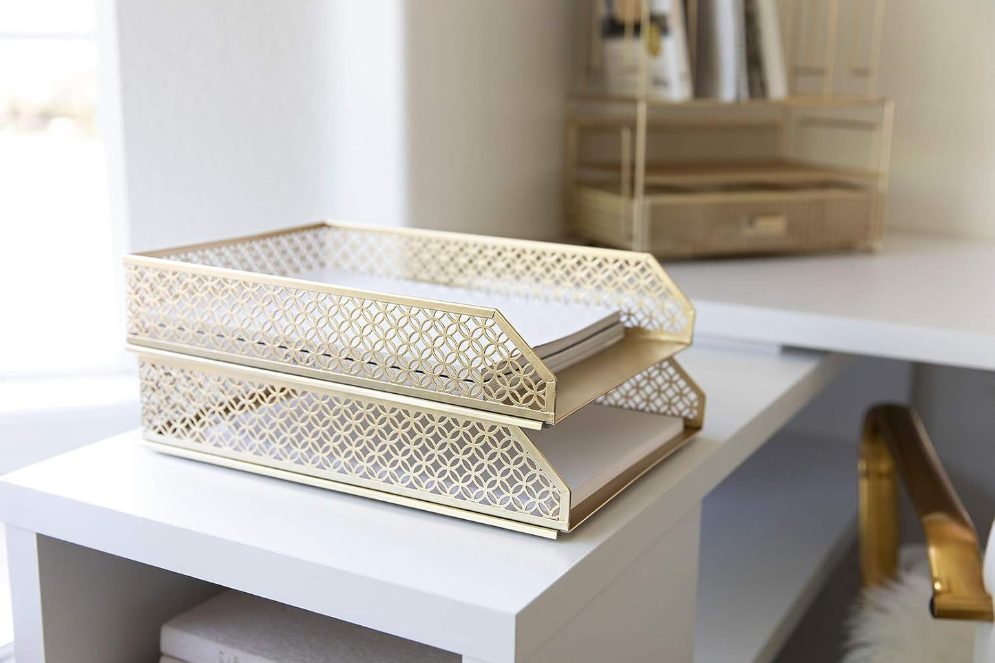 | Paper Tray Stackable Gold Set of 2 | Stackable File Trays for Desk Organization | Tiered Desk Organizer with Metal Letter Trays