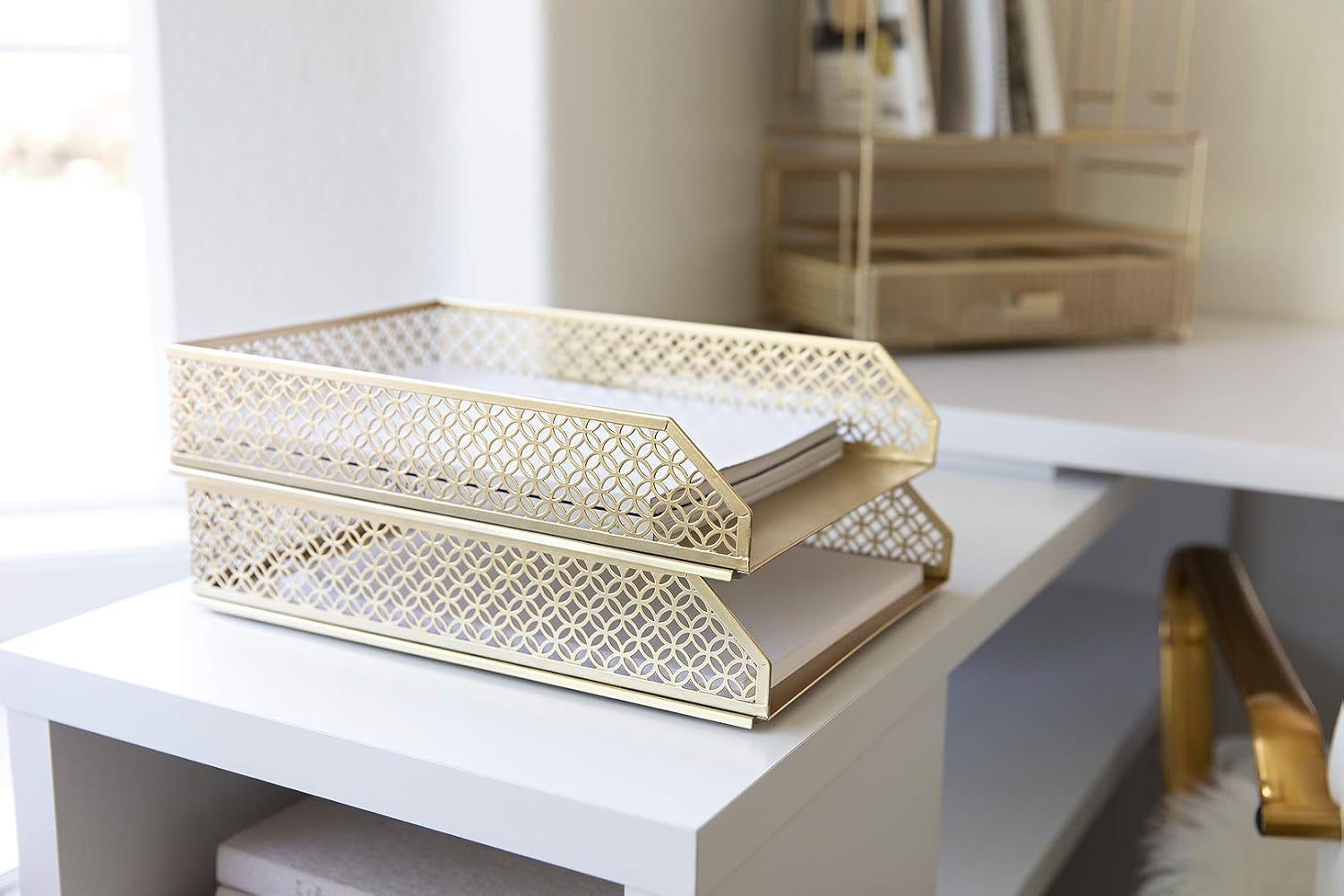 | Paper Tray Stackable Gold Set of 2 | Stackable File Trays for Desk Organization | Tiered Desk Organizer with Metal Letter Trays