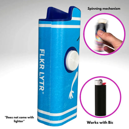 FLKR LYTR: " Blue Towlie" Fidget Spinning Lighter Case White Body, Works with BIC, High Quality Polypropylene Body for Durability