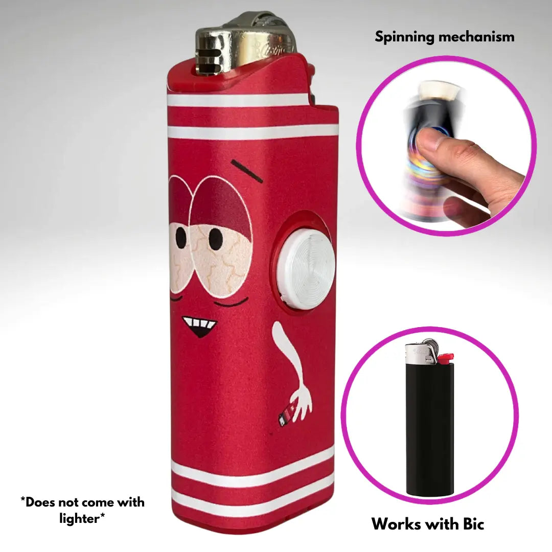 FLKR LYTR: " Blue Towlie" Fidget Spinning Lighter Case White Body, Works with BIC, High Quality Polypropylene Body for Durability