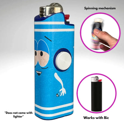 FLKR LYTR: " Blue Towlie" Fidget Spinning Lighter Case White Body, Works with BIC, High Quality Polypropylene Body for Durability