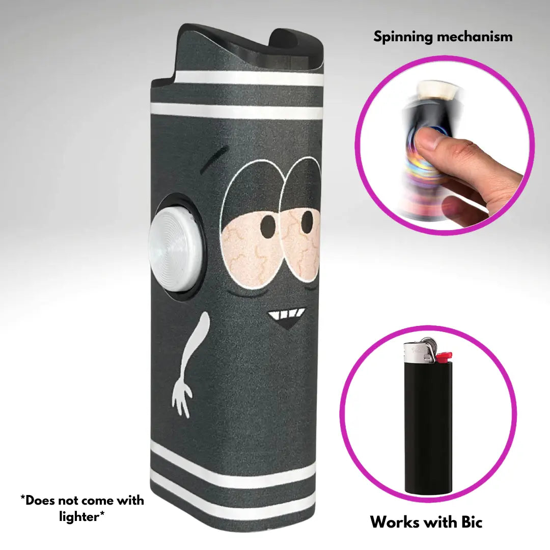 FLKR LYTR: " Blue Towlie" Fidget Spinning Lighter Case White Body, Works with BIC, High Quality Polypropylene Body for Durability