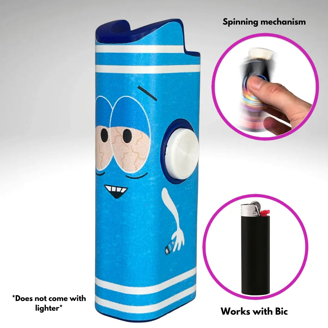 FLKR LYTR: " Blue Towlie" Fidget Spinning Lighter Case White Body, Works with BIC, High Quality Polypropylene Body for Durability