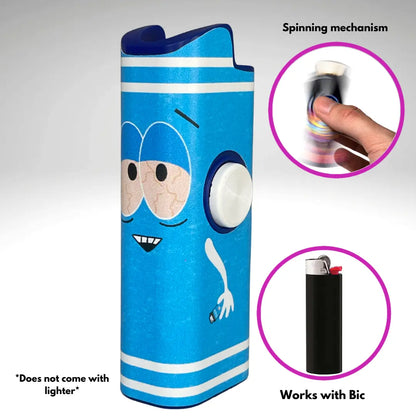 FLKR LYTR: " Blue Towlie" Fidget Spinning Lighter Case White Body, Works with BIC, High Quality Polypropylene Body for Durability