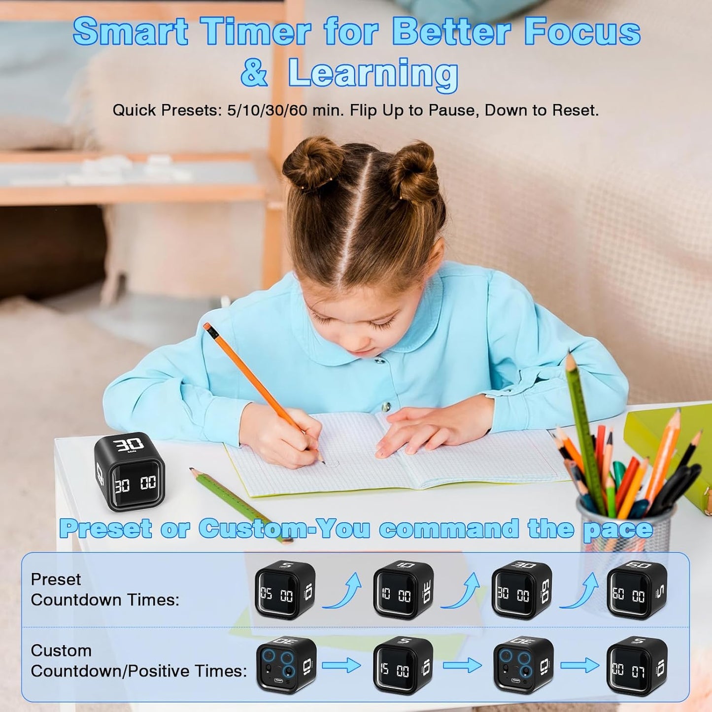 Cube Pomodoro Timer, Desk Productivity Timer 5/10/30/60 Minutes & Custom Countdown, Adjustable & Silent Visual Timer, ADHD Tool Flip Rotating Portable Multi Timers for Study Task Work Kitchen School