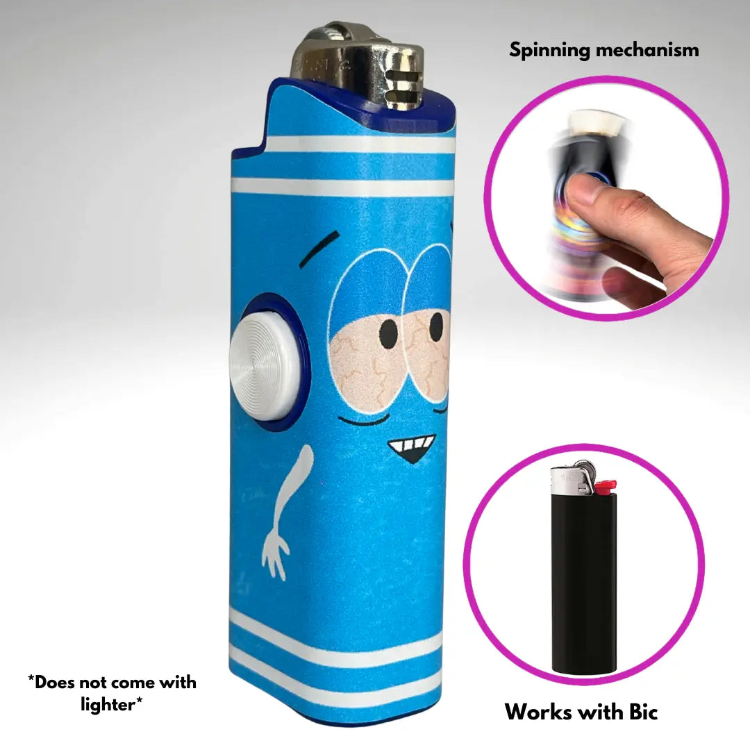 FLKR LYTR: " Blue Towlie" Fidget Spinning Lighter Case White Body, Works with BIC, High Quality Polypropylene Body for Durability