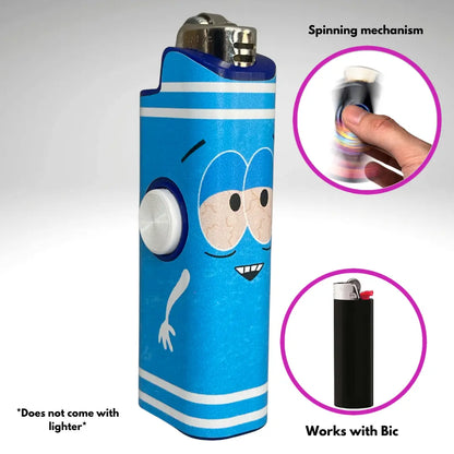 FLKR LYTR: " Blue Towlie" Fidget Spinning Lighter Case White Body, Works with BIC, High Quality Polypropylene Body for Durability
