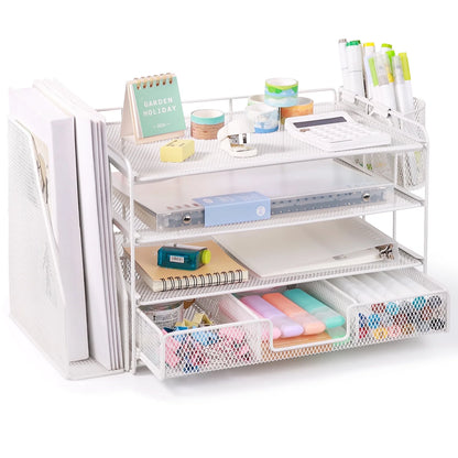 Desktop Organizer 4-Tier Desk Organizers Sets and Storage, File Organizers for Desk Drawer Organizer, Paper Organizer for Desk (White)