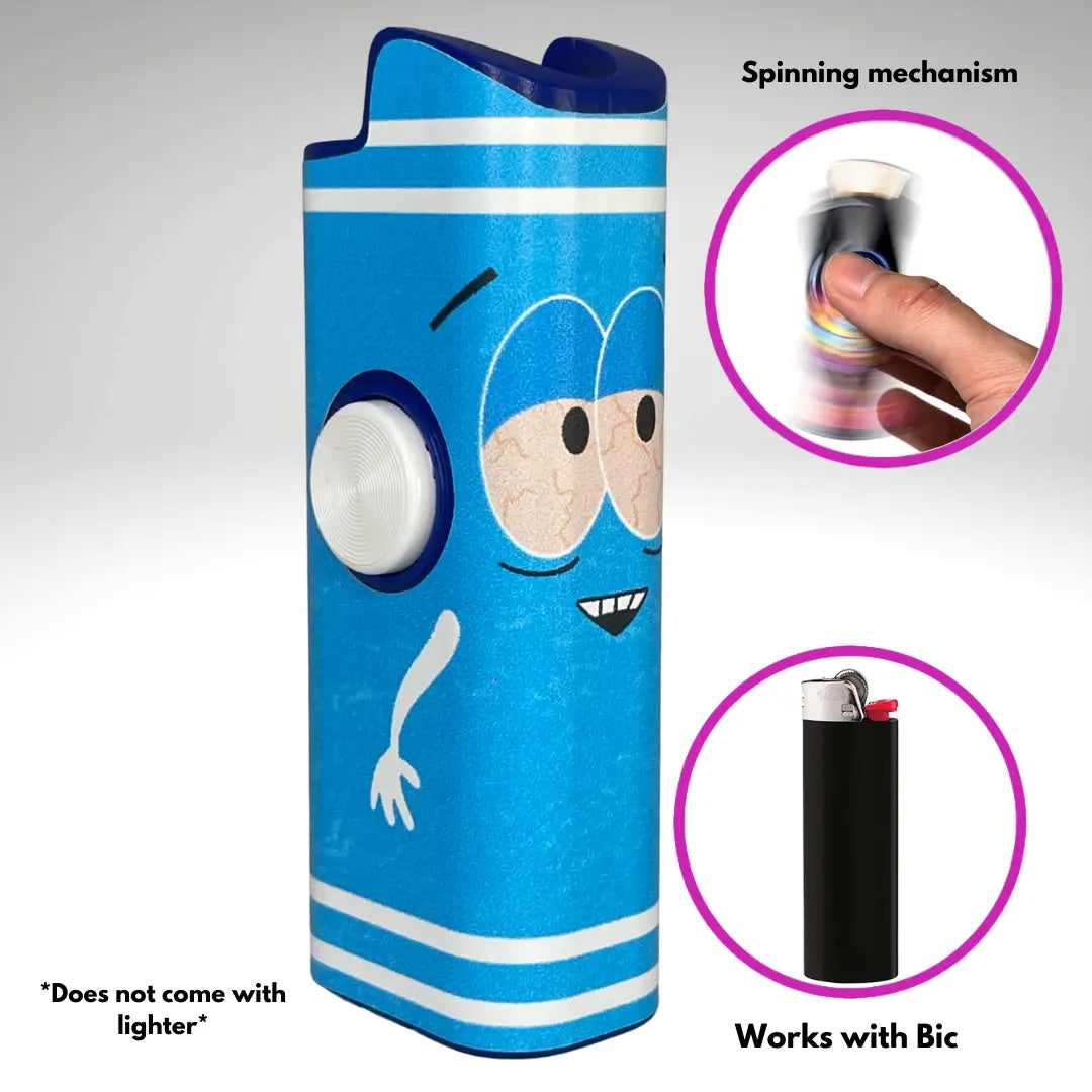 FLKR LYTR: " Blue Towlie" Fidget Spinning Lighter Case White Body, Works with BIC, High Quality Polypropylene Body for Durability