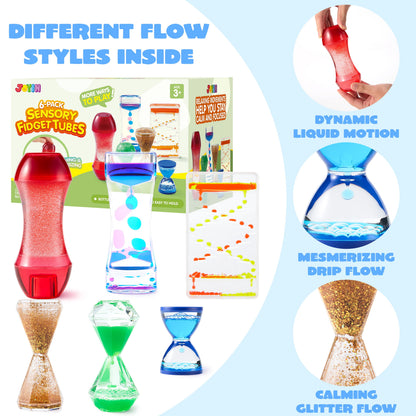 6-Pack Sensory Tubes Fidget Toys for Kids with Autism, Calming Water Sensory Bottles, Silent Fidget for Classroom, Stress Relief Gift for Toddler Birthday Christmas