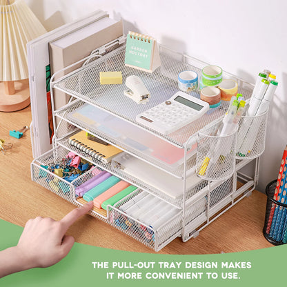 Desktop Organizer 4-Tier Desk Organizers Sets and Storage, File Organizers for Desk Drawer Organizer, Paper Organizer for Desk (White)