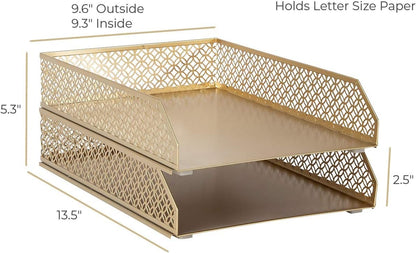 | Paper Tray Stackable Gold Set of 2 | Stackable File Trays for Desk Organization | Tiered Desk Organizer with Metal Letter Trays