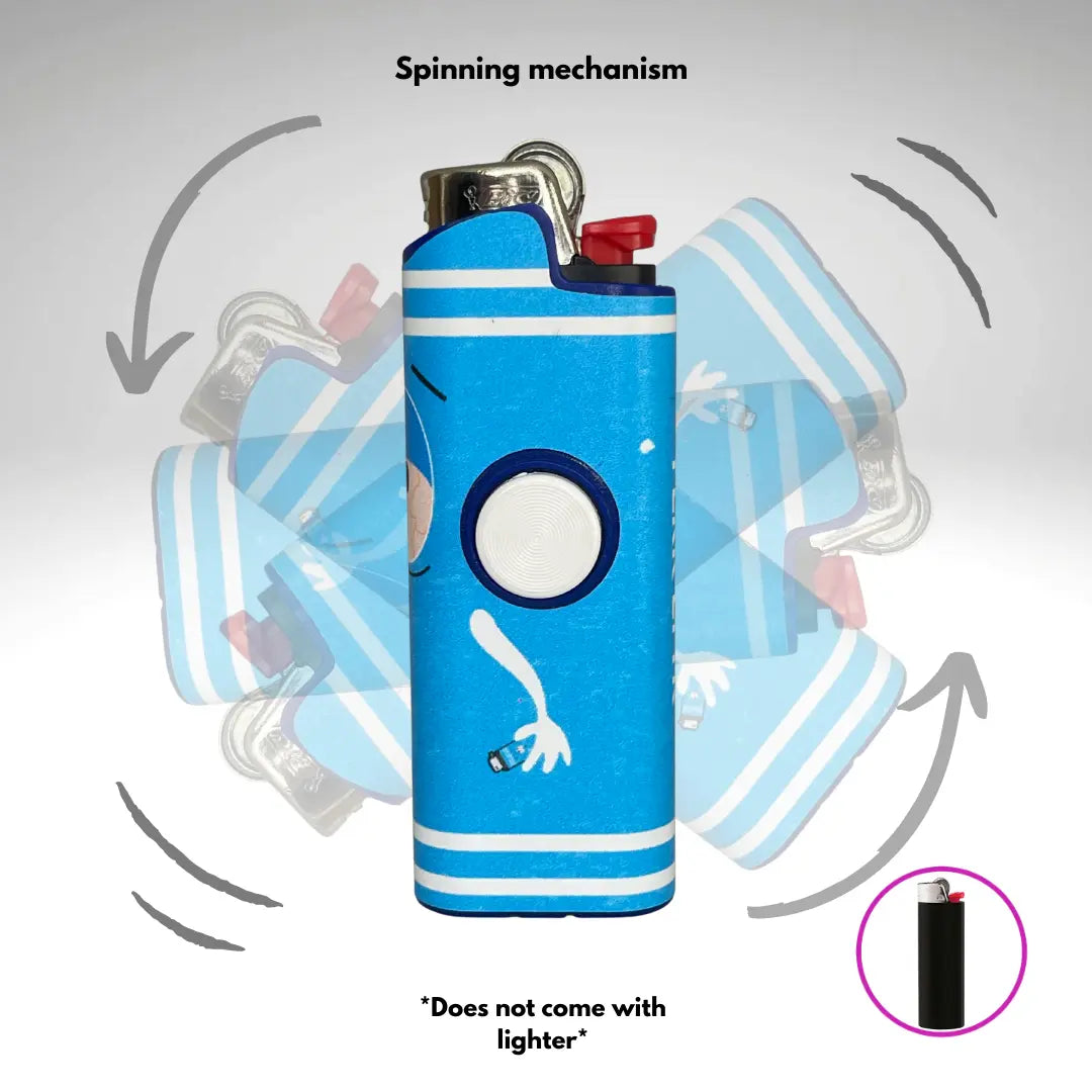 FLKR LYTR: " Blue Towlie" Fidget Spinning Lighter Case White Body, Works with BIC, High Quality Polypropylene Body for Durability