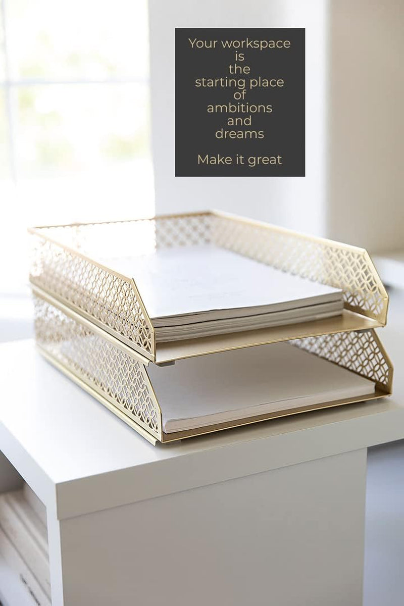 | Paper Tray Stackable Gold Set of 2 | Stackable File Trays for Desk Organization | Tiered Desk Organizer with Metal Letter Trays