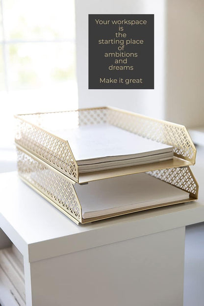 | Paper Tray Stackable Gold Set of 2 | Stackable File Trays for Desk Organization | Tiered Desk Organizer with Metal Letter Trays