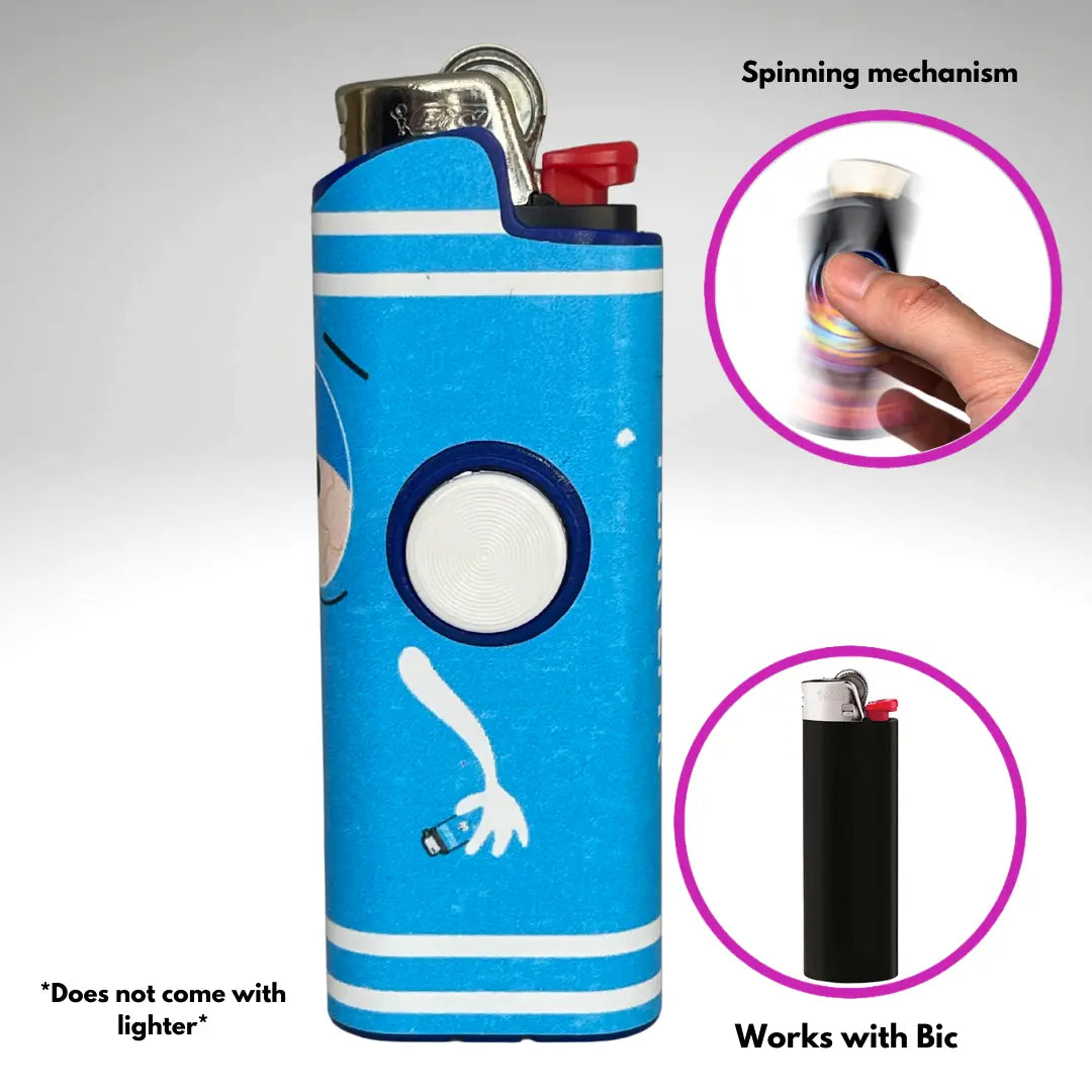 FLKR LYTR: " Blue Towlie" Fidget Spinning Lighter Case White Body, Works with BIC, High Quality Polypropylene Body for Durability
