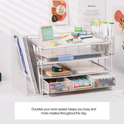 Desktop Organizer 4-Tier Desk Organizers Sets and Storage, File Organizers for Desk Drawer Organizer, Paper Organizer for Desk (White)